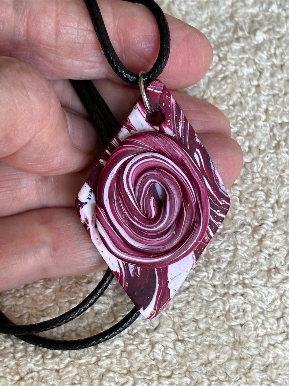 ⚫️Brand New Polymer Clay Twirls Of Burgundy & White Pendant Necklace, Handmade